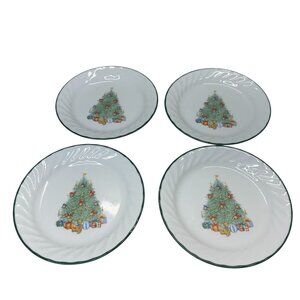 Set Of 4 Corelle By Corning Christmas Tree 7" Salad Plates Green Rim